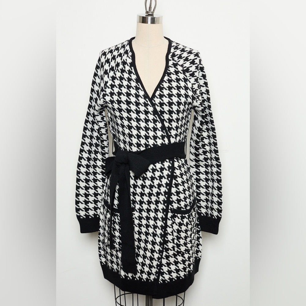 Houndstooth Long Sleeve Open-front Cardigan Coat With Belt [NEW]